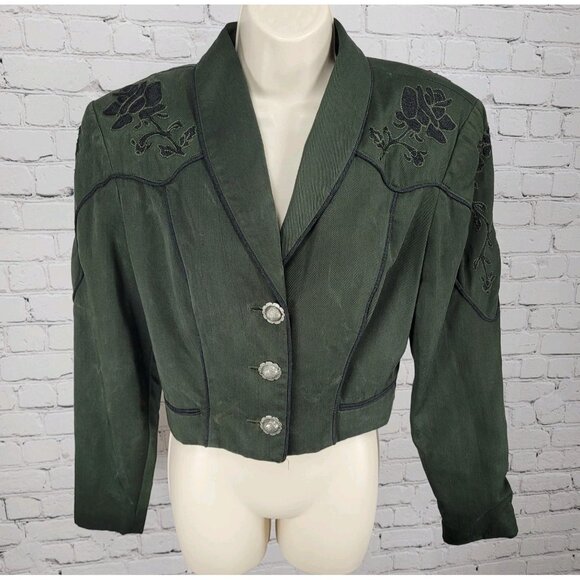 VTG Clarissa Cassandra Green Embroidered Floral Retro Crop Jacket USA Medium M - Picture 1 of 13